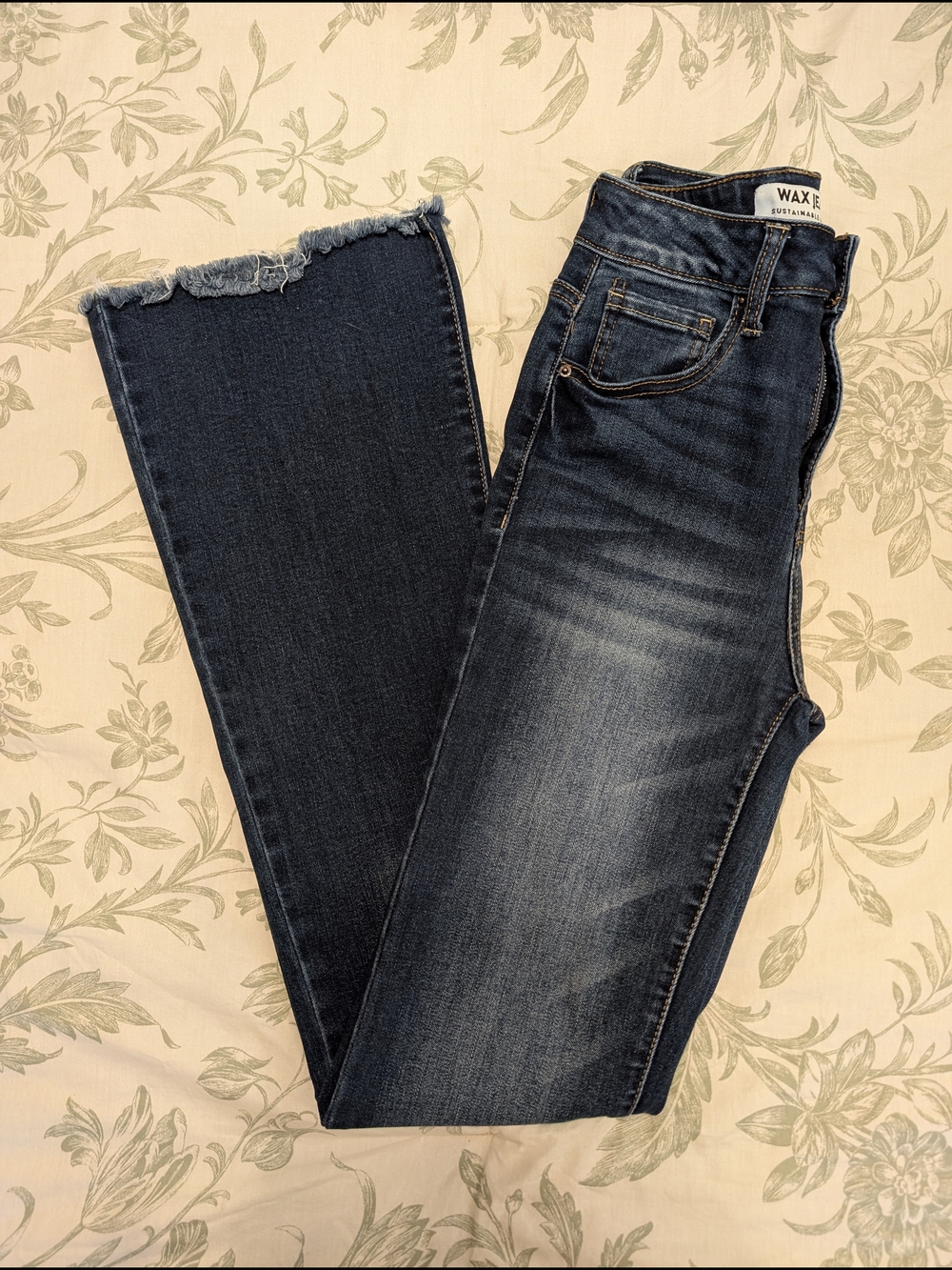 Wax Jean Dark Wash Frayed-Hem Flared Jeans